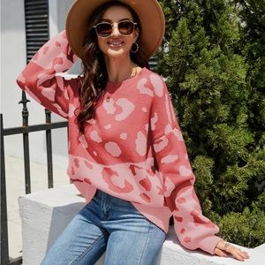 Leopard Ribbed Trim Dropped Shoulder Sweater NWT